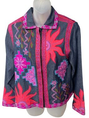 Sandy Starkman  made in India button down embroidery colorful vintage shirt Med.